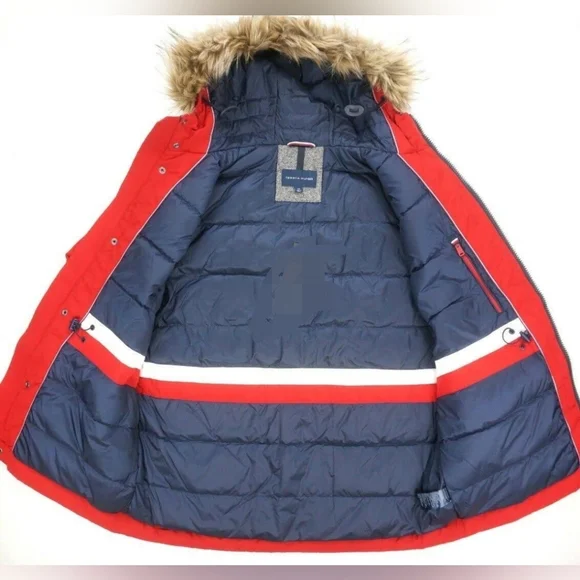 TOMMY HILFIGER Wool Herringbone Silk 65% DOWN PARKA Jacket Men M Hooded Fur